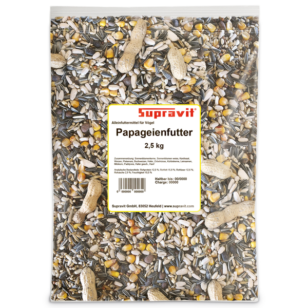Supravit Papageienfutter, 2,5 kg, Alleinfuttermittel für Vögel in einer transparenten Verpackung