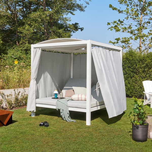 Home Deluxe - Sonnenliege - LYON, Maße: ca. 208 x 188 x 207 cm, FARBE: Weiß, Loungebett für 2 Personen, inkl. Vorhänge und Sonnendach I Gartenliege Doppelliege Gartenliege