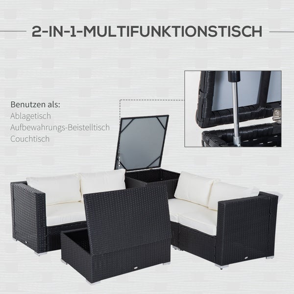Outsunny 6 tlg. Polyrattan Gartenmöbel Set Sitzgarnitur mit Kissen Sitzgruppe Gartenset Sofagarnitur Lounge Tisch mit Stauraum Stahl Luxus Schwarz+Creme