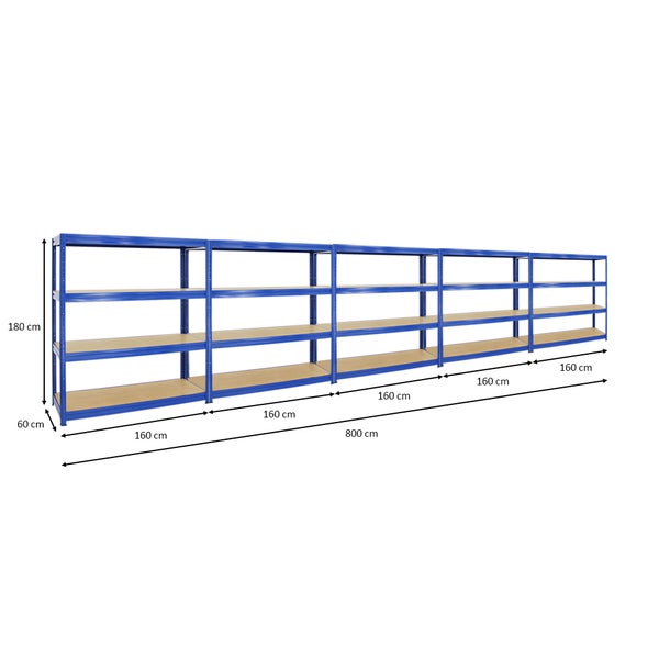 PROREGAL Mega Deal 5x Schwerlastregal Dino HxBxT 180 x 160 x 60 cm Fachlast 600 kg Blau