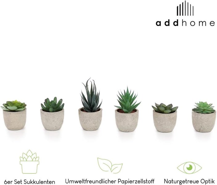 6er Set künstliche Sukkulenten in Töpfen aus umweltfreundlichem Papierzellstoff, naturgetreue Optik, addhome Logo.