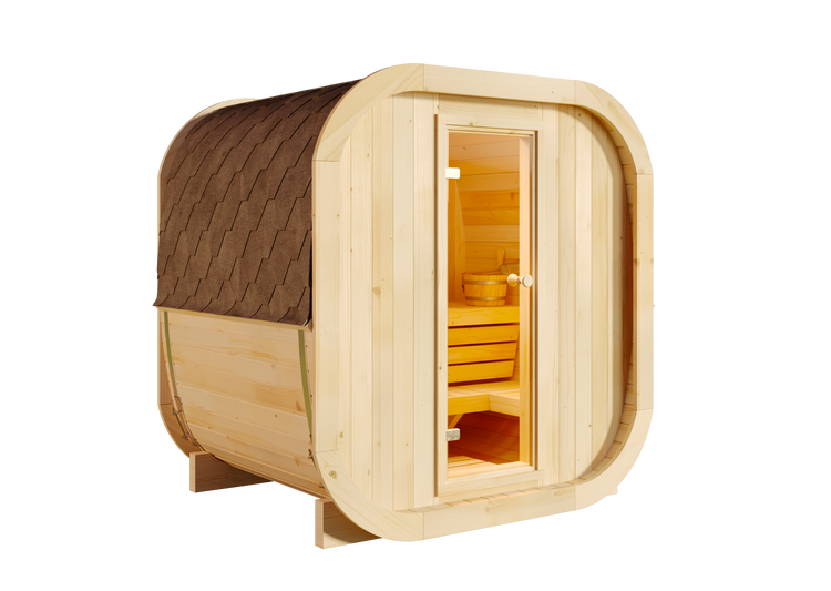 Fasssauna aus hellem Holz mit braunem Schindeldach und Glastür.