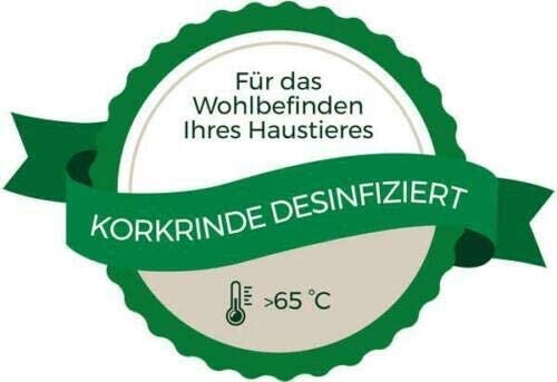 Siegel für desinfizierte Korkrinde bei über 65 Grad Celsius für das Wohlbefinden von Haustieren.