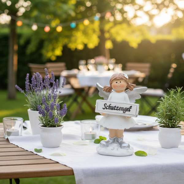 Dekorative Schutzengel-Figur auf einem gedeckten Gartentisch mit Lavendel im Topf und Teelichtern in einem hellen Garten.