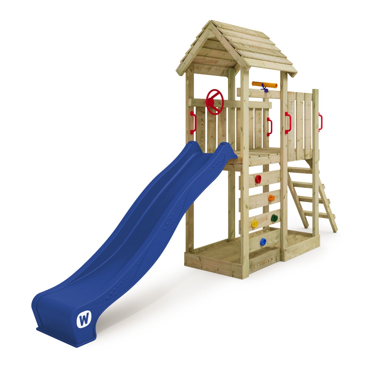 WICKEY Spielturm Klettergerüst JoyFlyer mit Rutsche, Kletterturm mit Sandkasten, Leiter und Spiel-Zubehör - blau