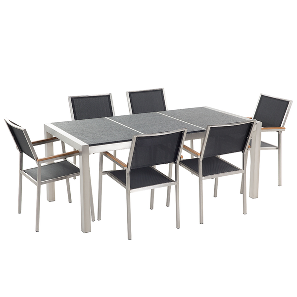 Gartenmöbel-Set bestehend aus einem rechteckigen Tisch mit Platte in Steinoptik und sechs Armlehnenstühlen mit Textilbespannung und Holz-Elementen.