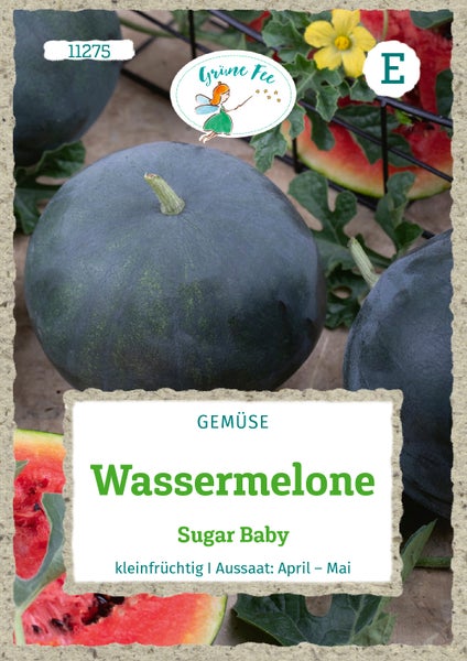 Samentüte für Wassermelone Sugar Baby von Grüne Fee, kleinfrüchtig, Aussaat von April bis Mai. Grüne Fee Logo.