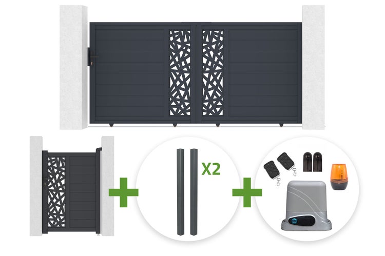 Doppelflügeltor aus Metall mit modernem Design, inklusive Pfortentor, zwei Pfosten und elektrischem Torantrieb mit Fernbedienungen und Signalleuchte