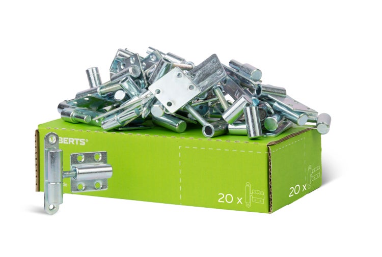 Set aus 20 verstellbaren Anschraubtürbändern aus Stahl auf einer grünen Produktverpackung