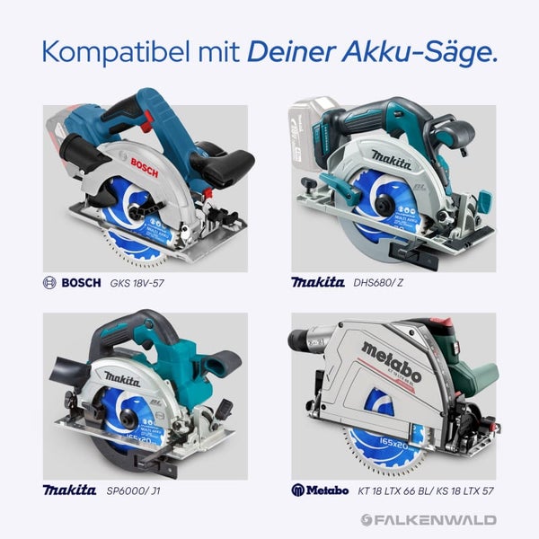 FALKENWALD ® Akku Sägeblatt 165x20 60 Zähne - Ideal für Holz, Metall & Alu - Multi Kreissägeblatt 165x20 Akku - Kompatibel mit Tauchsäge & Kreissäge von Bosch & Makita - 165x20 Sägeblatt