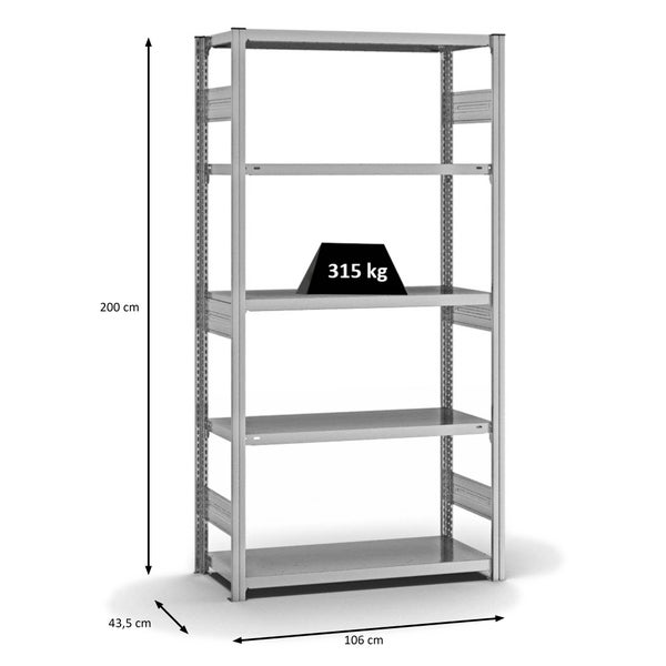 PROREGAL Fachbodenregal Stecksystem T-Profil Heavy-Duty Grundregal HxBxT 200 x 100 x 40 cm 5 Ebenen Fachlast 315 kg Beidseitig Nutzbar Verzinkt