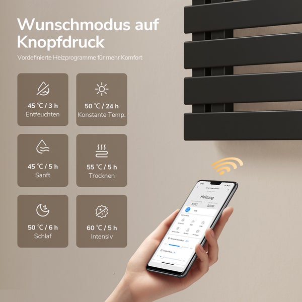 Steuerung eines Handtuchheizkörpers per Smartphone-App mit verschiedenen Heizprogrammen wie Entfeuchten, Trocknen, Schlafmodus und sanftem Heizen.