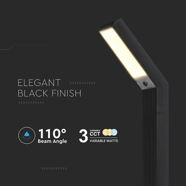 Schwarze Außenleuchte mit einem Abstrahlwinkel von 110 Grad und variabler Farbtemperatur sowie variabler Wattzahl.
