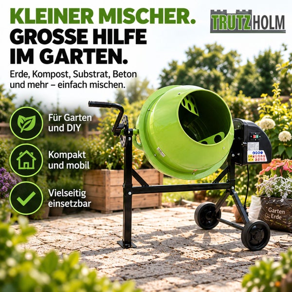 Trutzholm Mischmaschine für Garten und Heimwerker auf einer Terrasse, kompakt und mobil, zum Mischen von Erde, Kompost, Substrat und Beton.