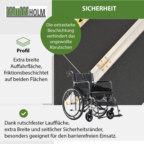 Trutzholm Rollstuhlrampe mit rutschfester Auffahrfläche und Sicherheitsrändern für barrierefreien Zugang.