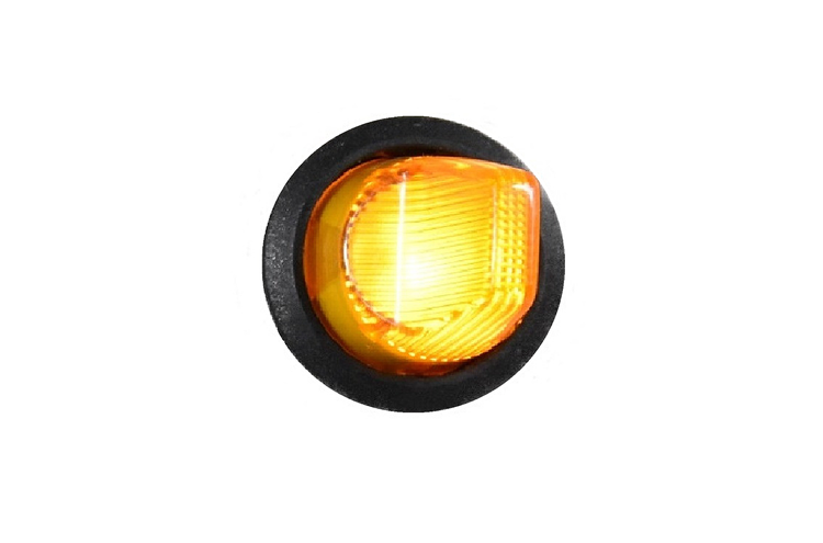 Runde LED-Seitenmarkierungsleuchte mit bernsteinfarbener Linse und schwarzer Gummitülle.