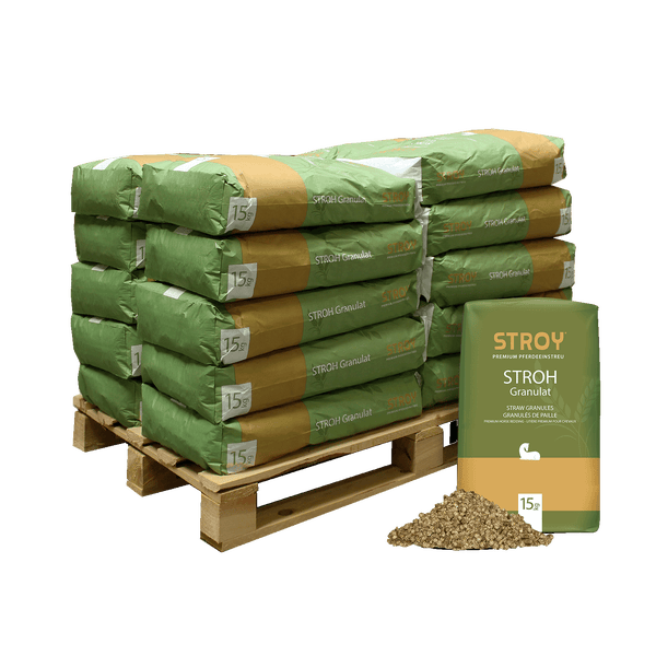 STROY Premium Pferdeeinstreu Strohgranulat, 15 Kilogramm Sack, auf Palette gestapelt und einzeln mit Schüttgut.