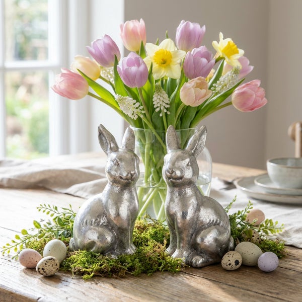 Zwei silberne Osterhasen als Tischdekoration umgeben von Moos, Ostereiern und einer Vase mit Tulpen und Narzissen auf einem Holztisch.