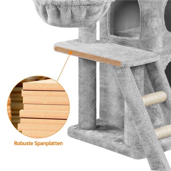 Detailansicht eines Katzenkratzbaums mit robusten Spanplatten