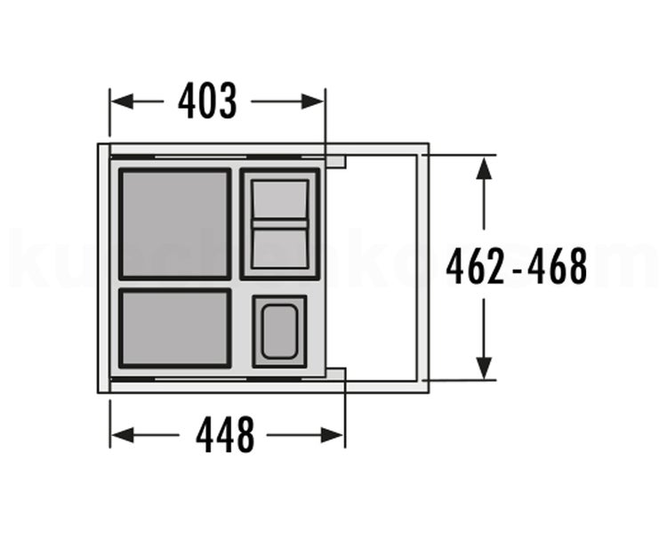 Maßzeichnung für ein Mülltrennsystem mit den Maßen 403, 448 und 462 bis 468 Millimeter.