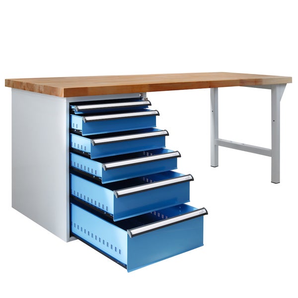 PROREGAL Werkbank Giant Rhino Plus mit 6 Schubladen HxBxT 84 x 200 x 70 cm Traglast 500 kg Lichtgrau Blau