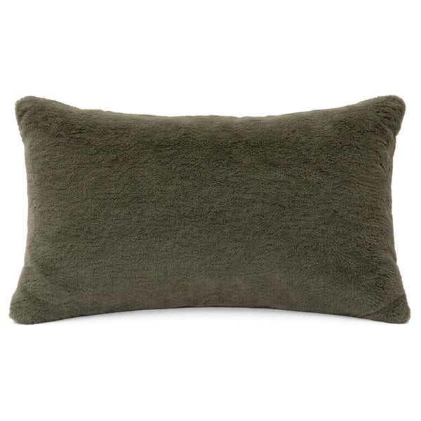 Rechteckiges Dekokissen mit flauschiger Teddy-Struktur in Olivgrün.