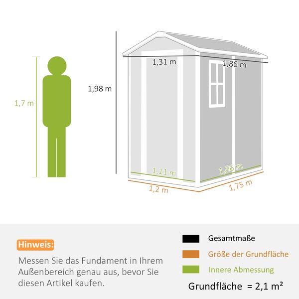 Maßskizze für ein Gartenhaus mit Außenmaßen von 1,2 mal 1,75 Meter, einer Gesamthöhe von 1,98 Meter und einer Grundfläche von 2,1 Quadratmeter.