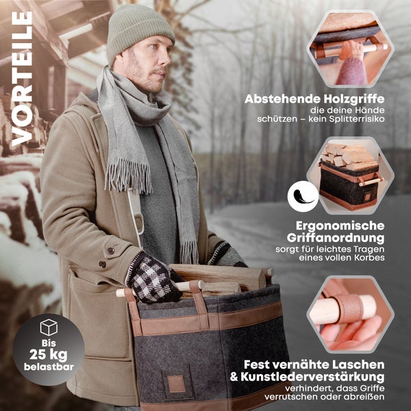 OAKAGE® FireMaster Dunkelgrau Holzkorb Filz - Einhängbarer Zündholzkorb - 42x32x35cm