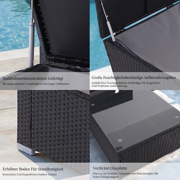 Detailansicht eines schwarzen Rattan Gartentisches mit Stahlrahmen, erhöhtem Boden, feuchtigkeitsbeständiger Aufbewahrungsbox und verdickter Glasplatte.