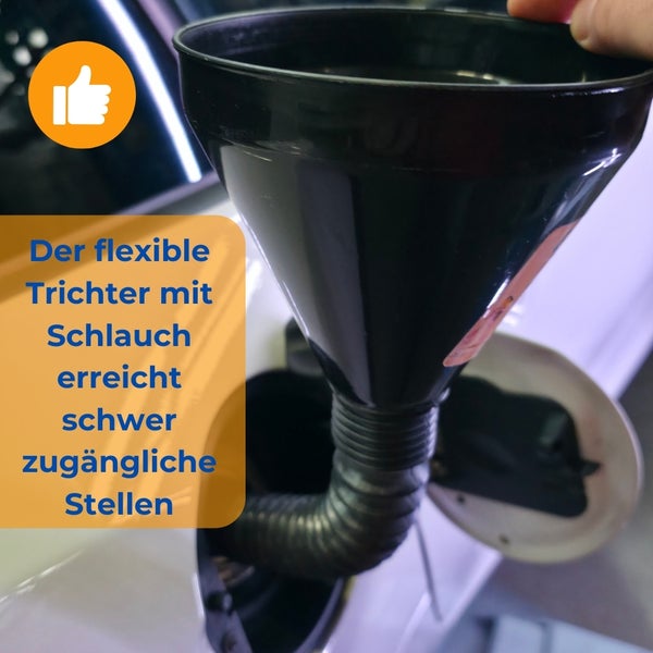 Flexibler Trichter mit Schlauch zum Einfüllen von Flüssigkeiten in ein Fahrzeug.