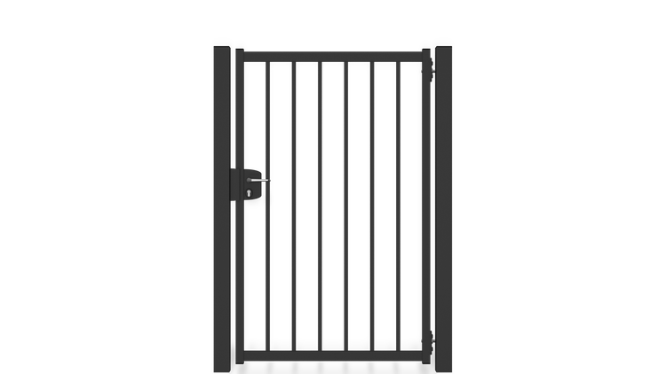 Gartentor ZAUNGURU BASIC-Linie Bremen aus Metall, Höhe: 163cm, Breite: 150cm, 1-flügelig inkl. Pfosten, Schloss und Zubehör, Feuerverzinkt und zusätzlich in RAL 7016 Anthrazitgrau pulverbeschichtet