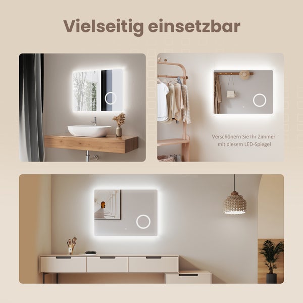 EMKE Badspiegel mit Beleuchtung 80 x 60 cm, Kaltweiß, Touchschalter, Anti-Beschlag, integrierter 3-fach Vergrößerungsspiegel, IP44, kupferfreier & rostfreier Spiegel fürs Badezimmer
