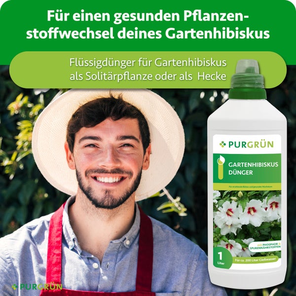 Purgrün Gartenhibiskus Flüssigdünger in 1 Liter Flasche für kräftige Blüten und gesundes Wachstum.