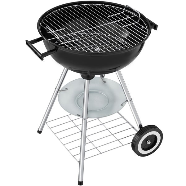 Holzkohle-Kugelgrill mit verchromtem Grillrost, Ascheschale, Ablagegitter und Rädern.
