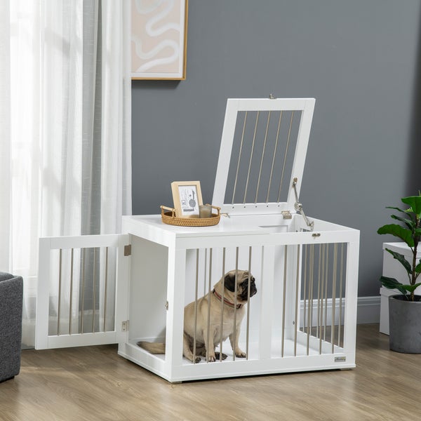 PawHut Hundekäfig für Zuhause, Hundehütte, Haustierkäfig für mittelgroße Hunde, Hundebox mit Türen, Hundehaus, Transportkäfig, Weiß, 80 x 50 x 56,5 cm