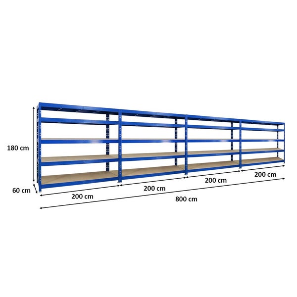 PROREGAL Mega Deal 4x Profi Schwerlastregal Rhino HxBxT 180 x 200 x 60 cm 5 Spanplatten-Ebenen 8mm Fachlast 500 kg Blau