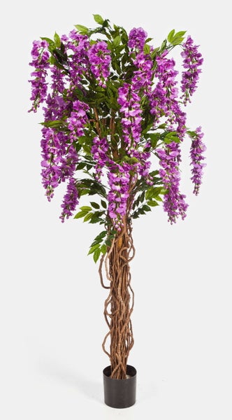 Künstliche Blauregen-Pflanze mit hängenden violetten Blütendolden und grünen Blättern an einem braunen Stamm.