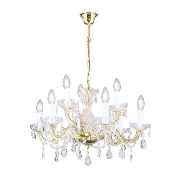 Klassischer Kronleuchter mit 9 Lichtquellen und Kristallbehang an einem metallenen Gestell für eine elegante Innenbeleuchtung.