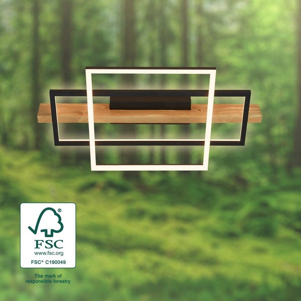 Briloner Cadre LED Deckenlampe, Indirektes Licht, 3 Stufen Schaltung, Holzdekor, Warmweißes Licht, Schwarz-Holz, 55 x 30 x 8 cm
