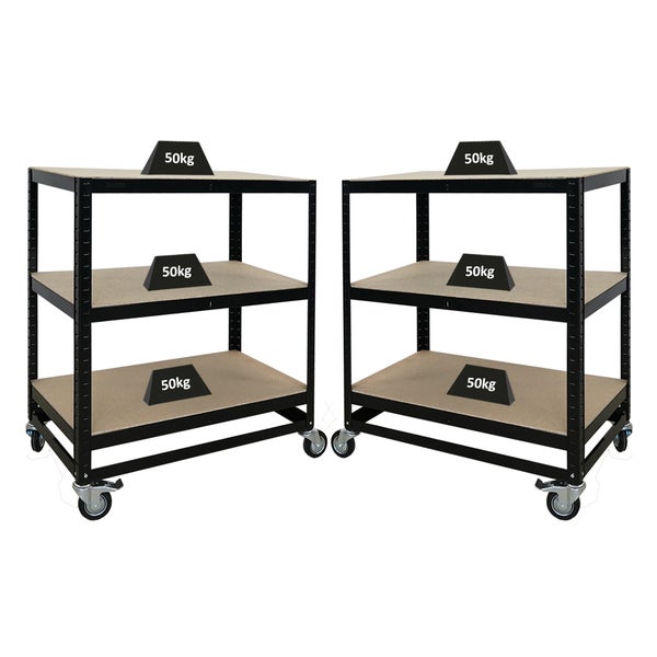 PROREGAL Mega Deal 2x Kommissionierwagen BÜFFEL Fahrbares Kommissionierregal 100x90x50cm 3 Ebenen Fachlast 50kg 2X Lenkrollen & 2X Lenkrollen mit Feststellbremse Schwarz