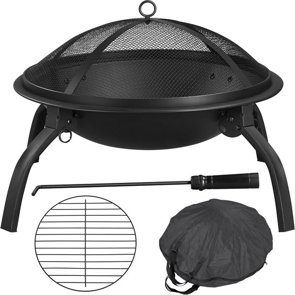 Feuerschale mit Funkenschutzgitter, Schürhaken, Grillrost und Abdeckung