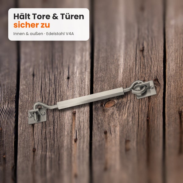 Türhaken aus Edelstahl V4A für innen und außen auf rustikalem Holz