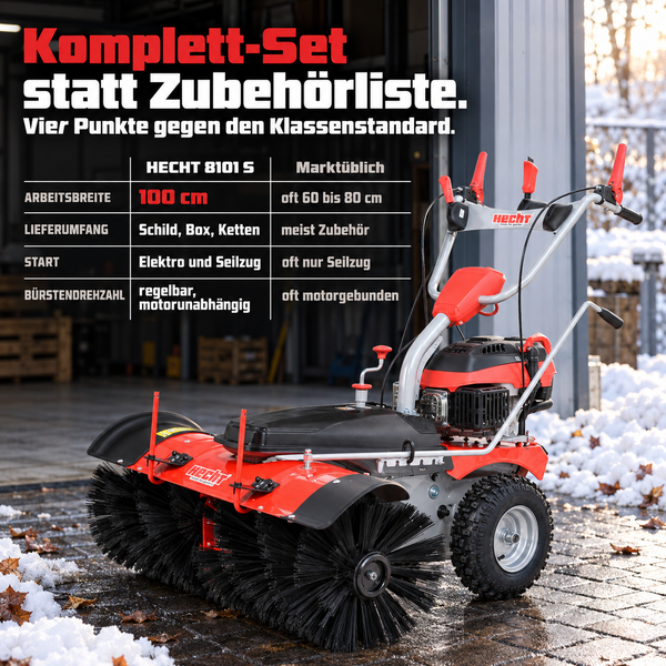 Kehrmaschine Hecht 8101 S mit Vergleichstabelle der technischen Vorteile für die Winterreinigung auf gepflastertem Untergrund.