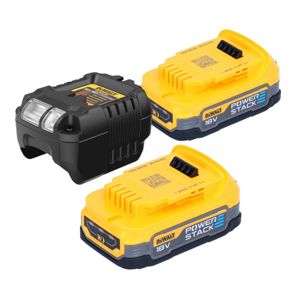 DeWalt Starter-Set bestehend aus zwei 18 Volt Powerstack Akkus und einem passenden Ladegerät.