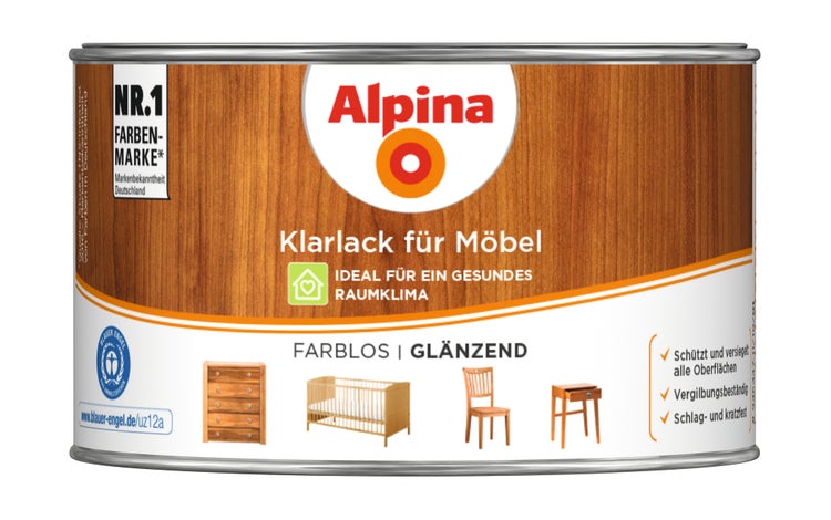Alpina Klarlack für Möbel, farblos, glänzend, für ein gesundes Raumklima, schützt und versiegelt Oberflächen, umweltfreundlich.