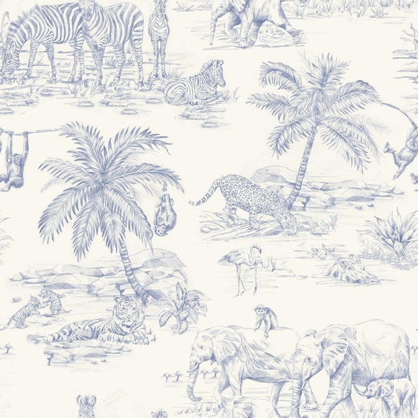 Tapete mit blauen Skizzen von Safaritieren wie Elefanten, Tigern und Zebras sowie Palmen in einer Dschungellandschaft.