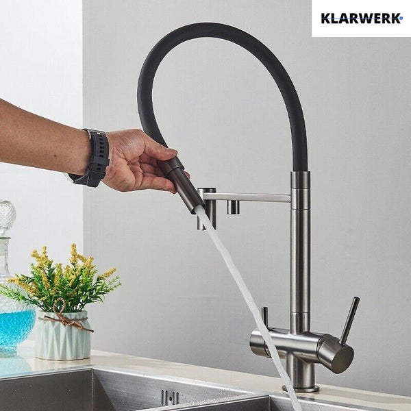 Lana | 3 Wege Grau Schwarz ausziehbare Armatur | Edelstahl Trinkwasser Osmose Wasserhahn Küche |Mischbatterie - 360 Grad drehbar | Filter 3 Anschlüsse