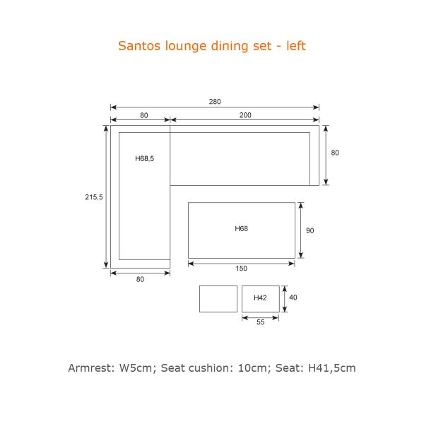 Skizze mit Maßen für das Santos Lounge-Dining-Set links inklusive Sofa Tisch und Hockern in Zentimeter.