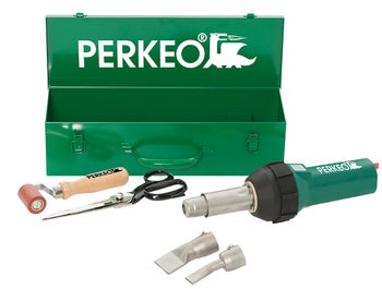 Perkeo Dachdecker Werkzeugset im Metallkoffer mit Heißluftföhn Andruckrolle Schere und Aufsätzen
