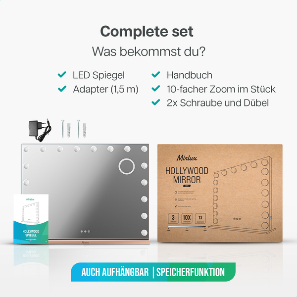 Mirlux Hollywood Make Up Spiegel LED-Beleuchtung - Bluetooth-Lautsprecher - 10x Zoom - Aufhängbar - Rose Gold - 80x60cm
